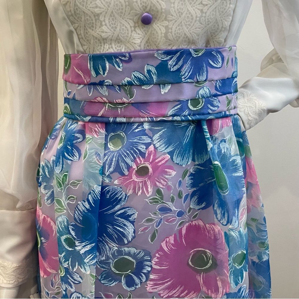 VINTAGE White Purple Blue & Pink Floral Print 60s 70s Belted Maxi Dress - Picture 5 of 15